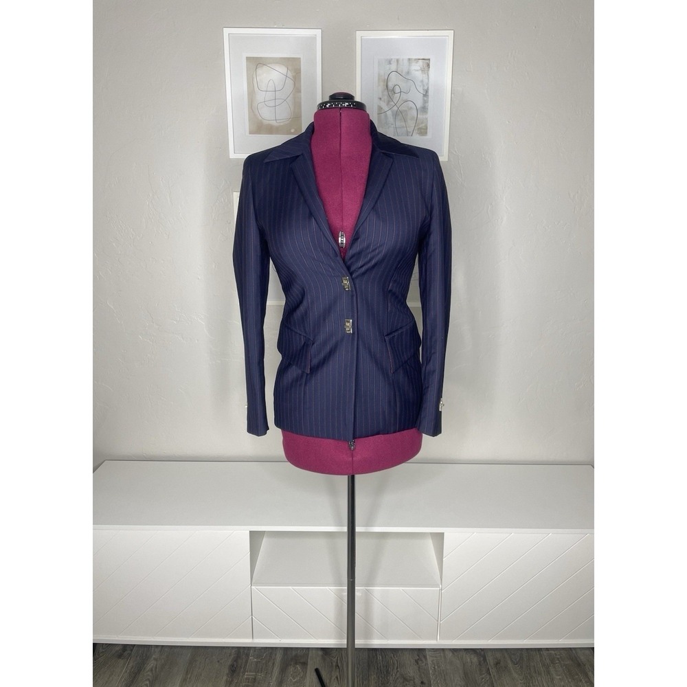 Escada Blazer Womens 36 Navy Blue Pinstripe Pure New Wool Turn-Lock Jacket